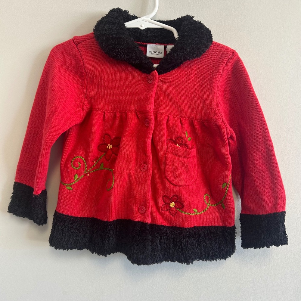 Sonoma Red Embroidered Sweater Jacket Girls 24M Black Trim‎ Flower Detail